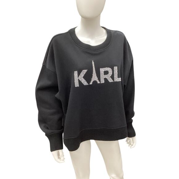 NWT Karl Lagerfeld Top/Sweatshirt 60% Cotton Blend Bejeweled Logo Karl Black - Picture 1 of 5